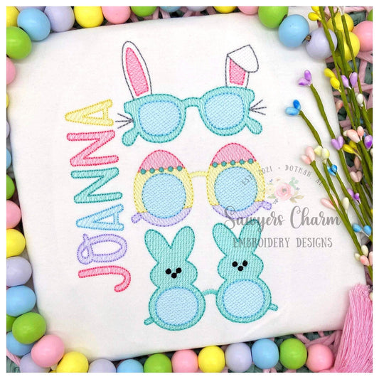 Easter sunglasses trio sketch stitch light fill machine embroidery design file, sunnies, shades, bunny rabbit, peeps candy, egg hunt, spring