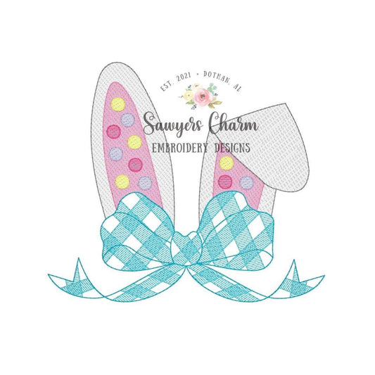 Easter bunny ears with gingham bow sketch stitch, machine embroidery design file, quick stitch, rabbit, polka dots, plaid check