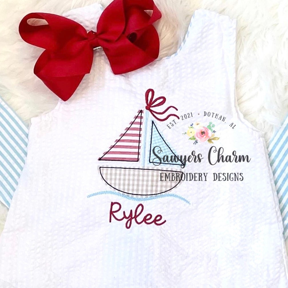 BUNDLE sailboat with & without bow bean stitch and zigzag applique machine embroidery design file, summer nautical beach, water vessel waves