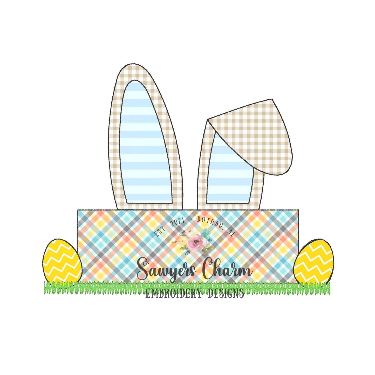 BUNDLE Easter bunny ears nameplate & eggs bean stitch applique, machine embroidery design file, quick stitch, rabbit peter cottontail spring