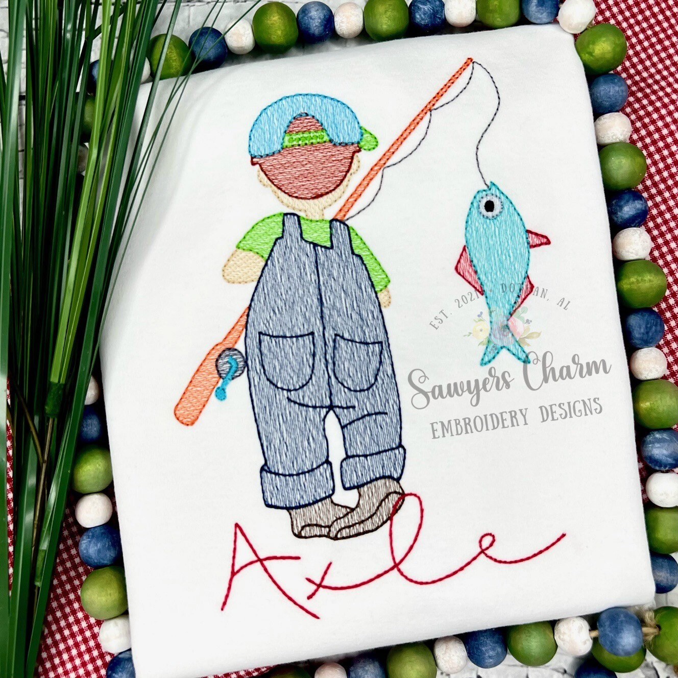 Little boy fishing sketch stitch machine embroidery design file, fishing pole, spring summer, quick stitch, baseball hat/cap, outdoors