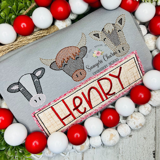 BUNDLE Cow trio sketch stitch machine embroidery design file, quick stitch, farm animals, highland cow, dairy cow, barnyard, bean stitch