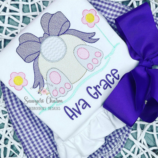 Easter bunny tail with bow grass flowers sketch stitch machine embroidery design file, quick stitch, egg hunt, rabbit, floral spring