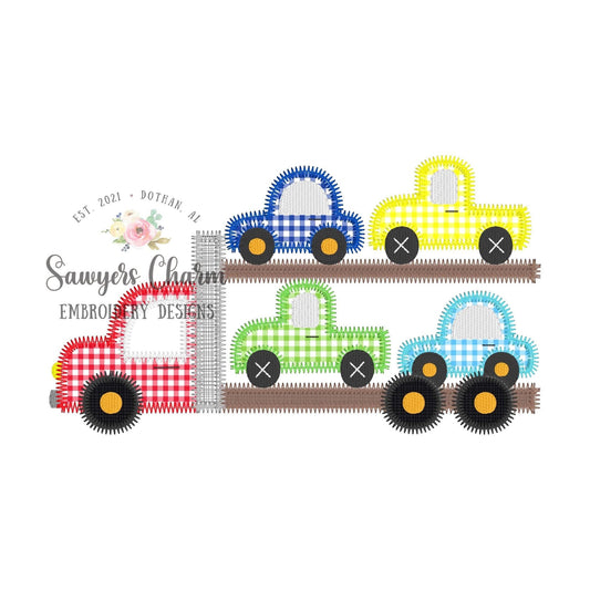 Car hauler, tow truck zig zag applique machine embroidery design file, bean stitch details, transportation vehicle, truck, car, semi big rig