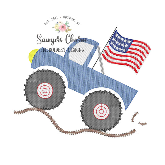Patriotic Monster truck with American flag sketch stitch, machine embroidery design file, bean stitch, transportation, mudding, dirt, rally