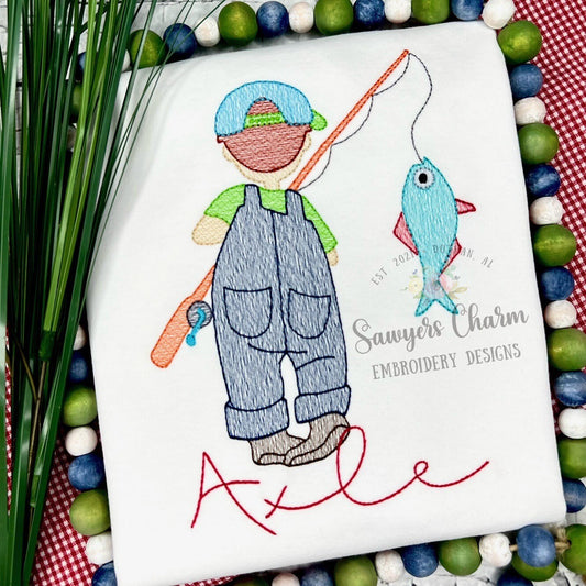 BUNDLE Little girl AND boy fishing sketch stitch machine embroidery design file, fishing pole, spring summer quick stitch outdoors hat & bow