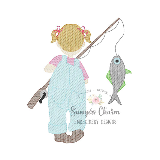Little girl fishing, with pigtails & buns sketch stitch machine embroidery design file, fishing pole, spring summer quick stitch outdoor bow