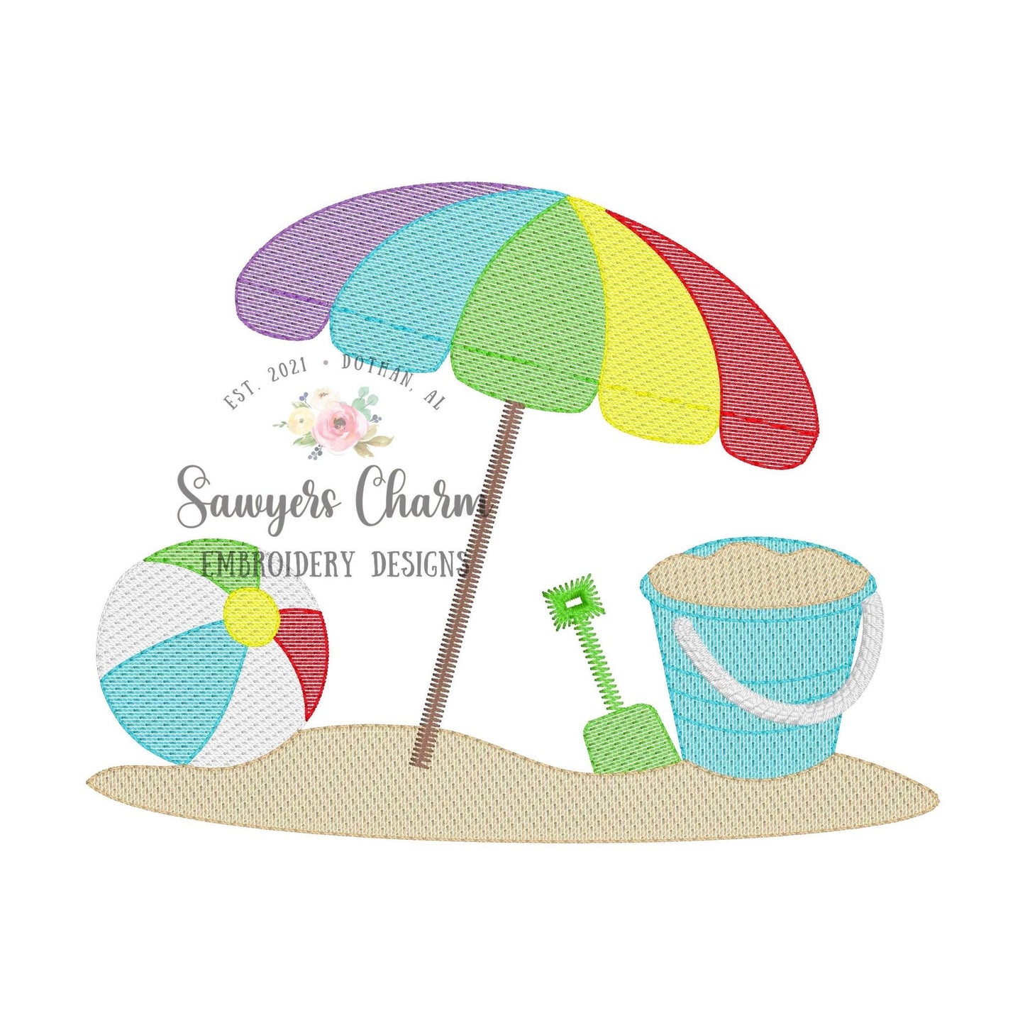 Beach umbrella and ball, sand pail & scoop, sketch stitch machine embroidery design file, bucket, shovel, sand, ocean, water, vacation, sun