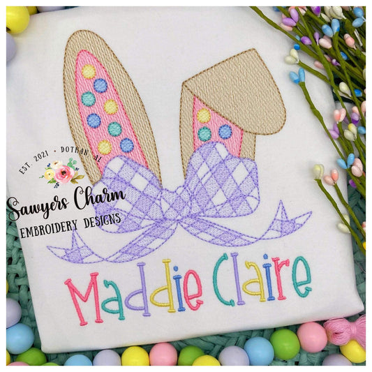 Easter bunny ears with gingham bow sketch stitch, machine embroidery design file, quick stitch, rabbit, polka dots, plaid check