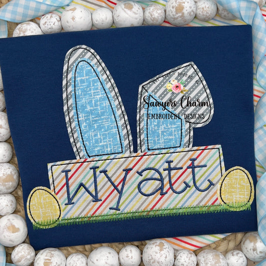 BUNDLE Easter bunny ears nameplate & eggs bean stitch applique, machine embroidery design file, quick stitch, rabbit peter cottontail spring