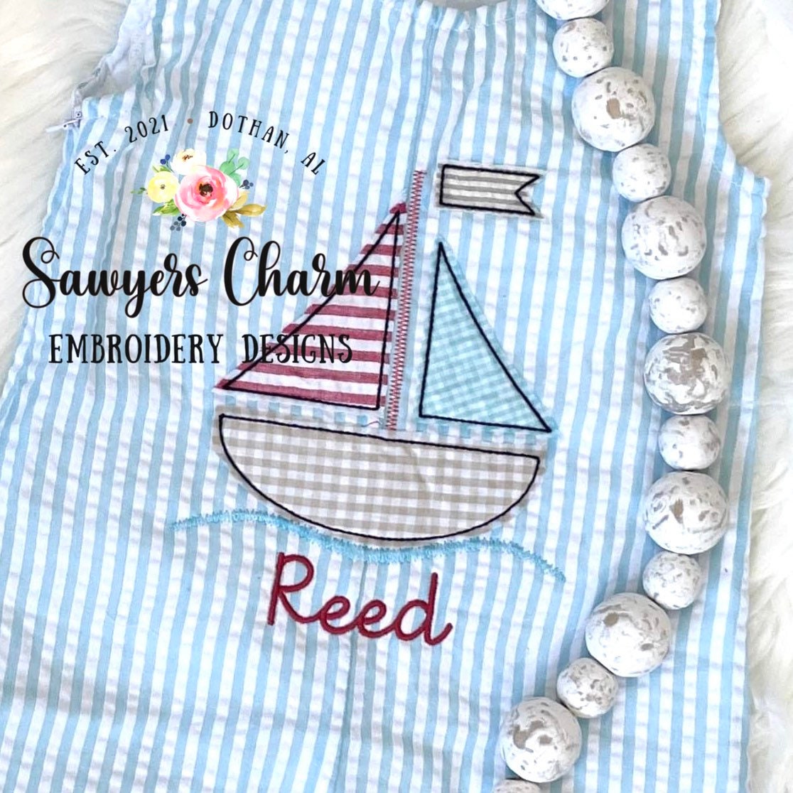 BUNDLE sailboat with & without bow bean stitch and zigzag applique machine embroidery design file, summer nautical beach, water vessel waves