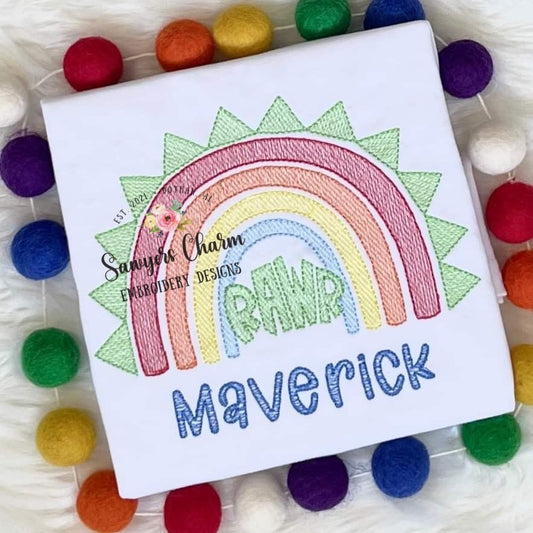 Dinosaur rainbow RAWR sketch stitch machine embroidery design file, quick stitch, light fill, bean stitch details, dino girl tropical