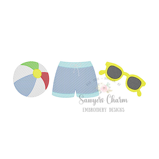 Beach ball, boys swim trunks, sunglasses trio sketch stitch machine embroidery design file, ocean, water, vacation, sunnies, swimsuit