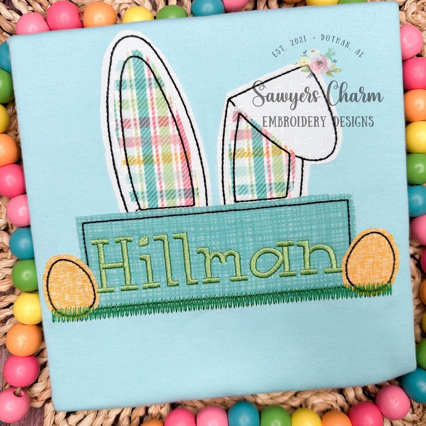 BUNDLE Easter bunny ears nameplate & eggs bean stitch applique, machine embroidery design file, quick stitch, rabbit peter cottontail spring