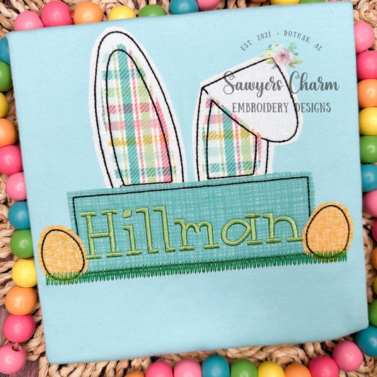 BUNDLE Easter bunny ears nameplate & eggs bean stitch applique, machine embroidery design file, quick stitch, rabbit peter cottontail spring