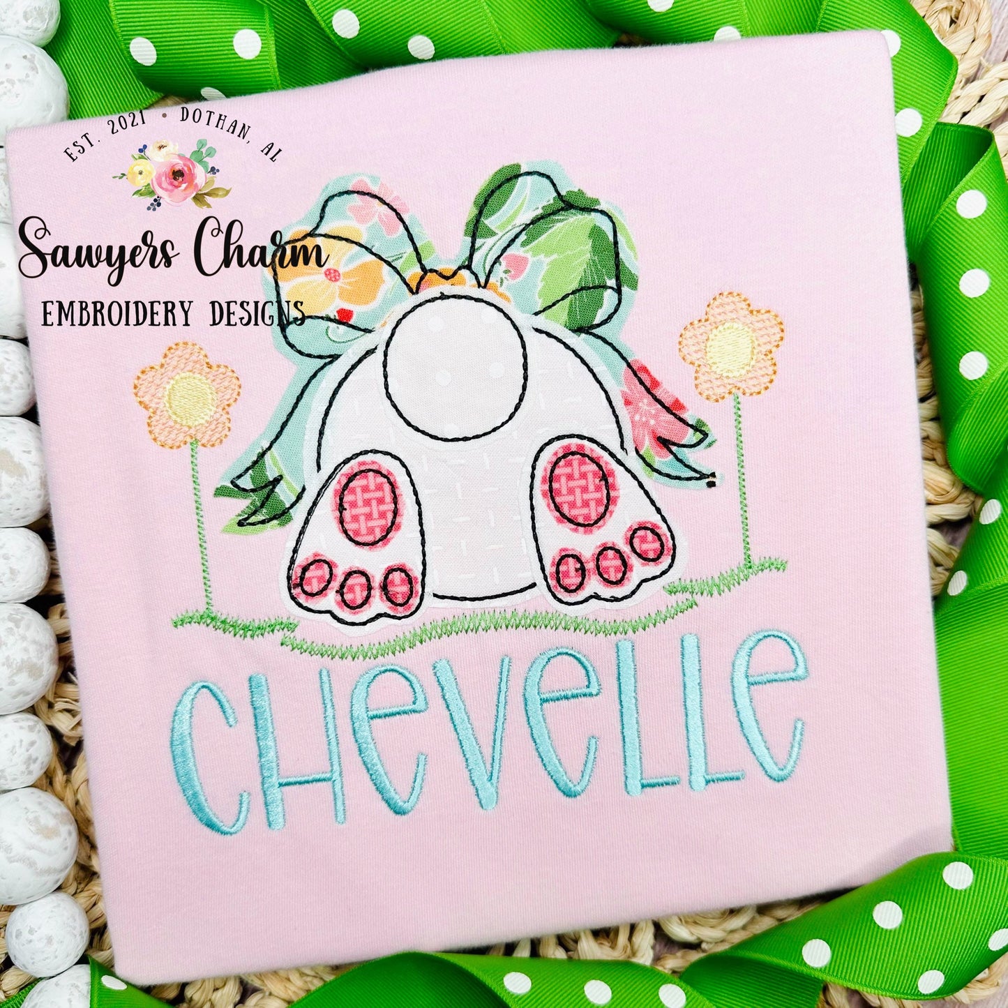 BUNDLE Easter bunny tail with bow grass flowers bean stitch & zigzag applique machine embroidery design file, quick stitch, egg hunt, rabbit