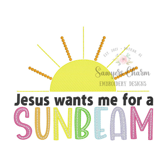 BUNDLE Jesus wants me for a sunbeam sketch & zig zag applique machine embroidery design file, summer, spring, sunshine, bean stitch details