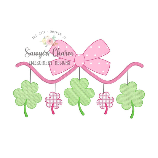 BUNDLE St. Patrick's Day bow with shamrocks/clovers machine applique embroidery design file, sketch & bean stitch applique bow, bunting