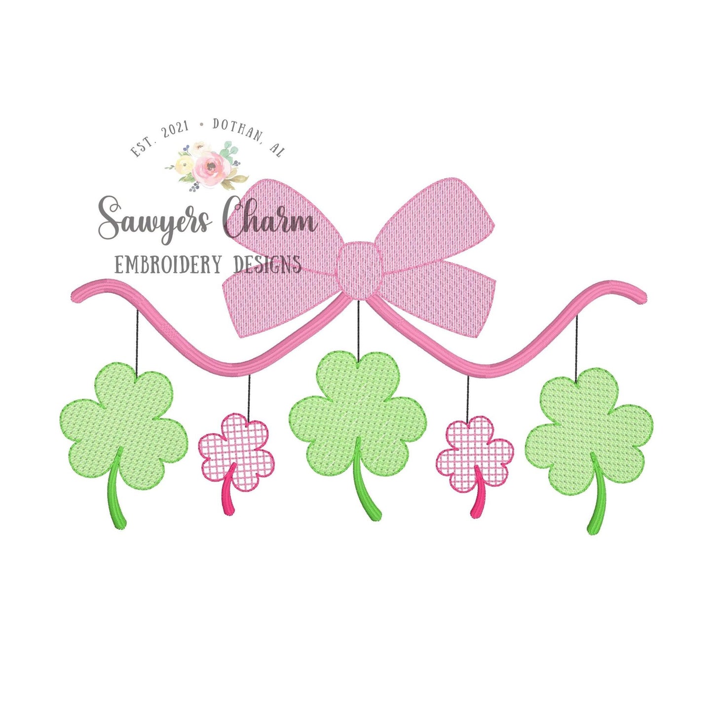BUNDLE St. Patrick's Day bow with shamrocks/clovers machine applique embroidery design file, sketch & bean stitch applique bow, bunting