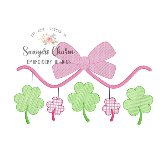 BUNDLE St. Patrick's Day bow with shamrocks/clovers machine applique embroidery design file, sketch & bean stitch applique bow, bunting
