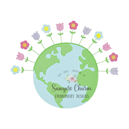 Earth with flowers sketch stitch machine embroidery design file, quick stitch, spring flowers, Earth Day, summer, floral, recycle, planet