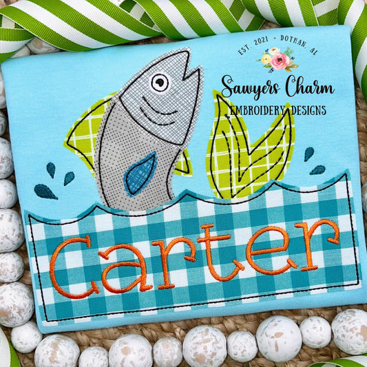 BUNDLE Fish jumping out of water with name plate zig zag & bean stitch machine embroidery design file, outdoors, fishing, bass, quick stitch