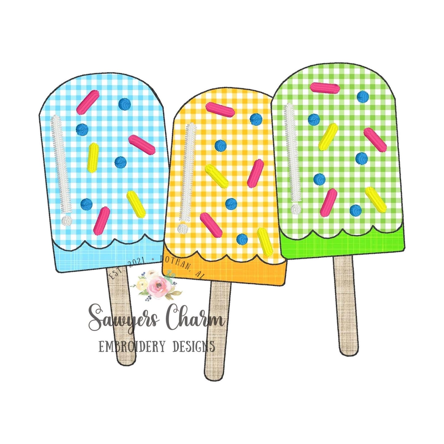 BUNDLE Popsicle trio with sprinkles bean stitch & zigzag stitch applique machine embroidery design file, summer, spring, snacks, ice cream