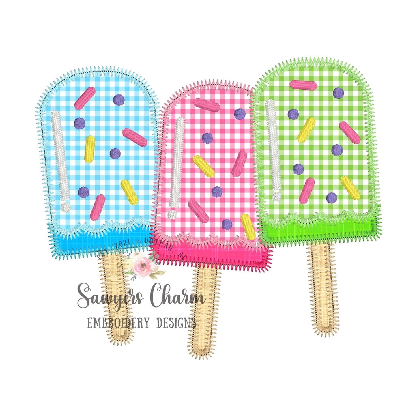 BUNDLE Popsicle trio with sprinkles bean stitch & zigzag stitch applique machine embroidery design file, summer, spring, snacks, ice cream