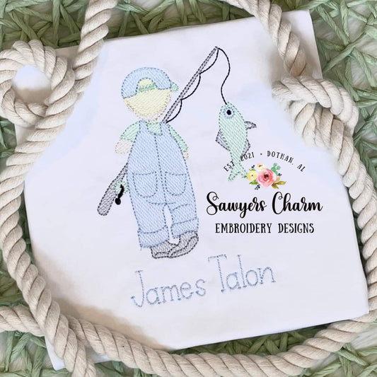 BUNDLE Little girl AND boy fishing sketch stitch machine embroidery design file, fishing pole, spring summer quick stitch outdoors hat & bow