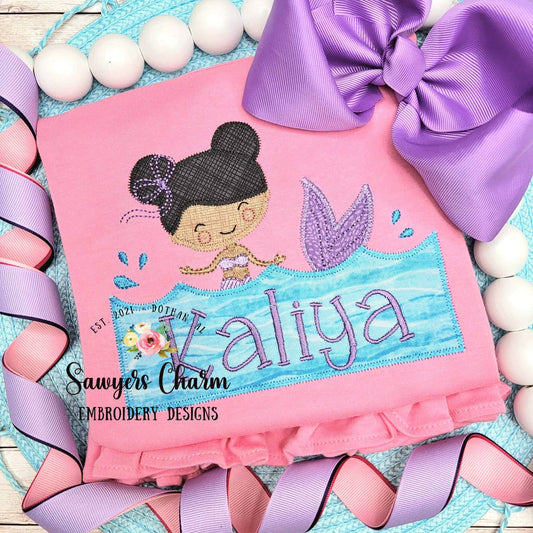BUNDLE Mermaid with buns swimming in water with name plate zig zag & bean stitch machine embroidery design file quick stitch bow ocean beach