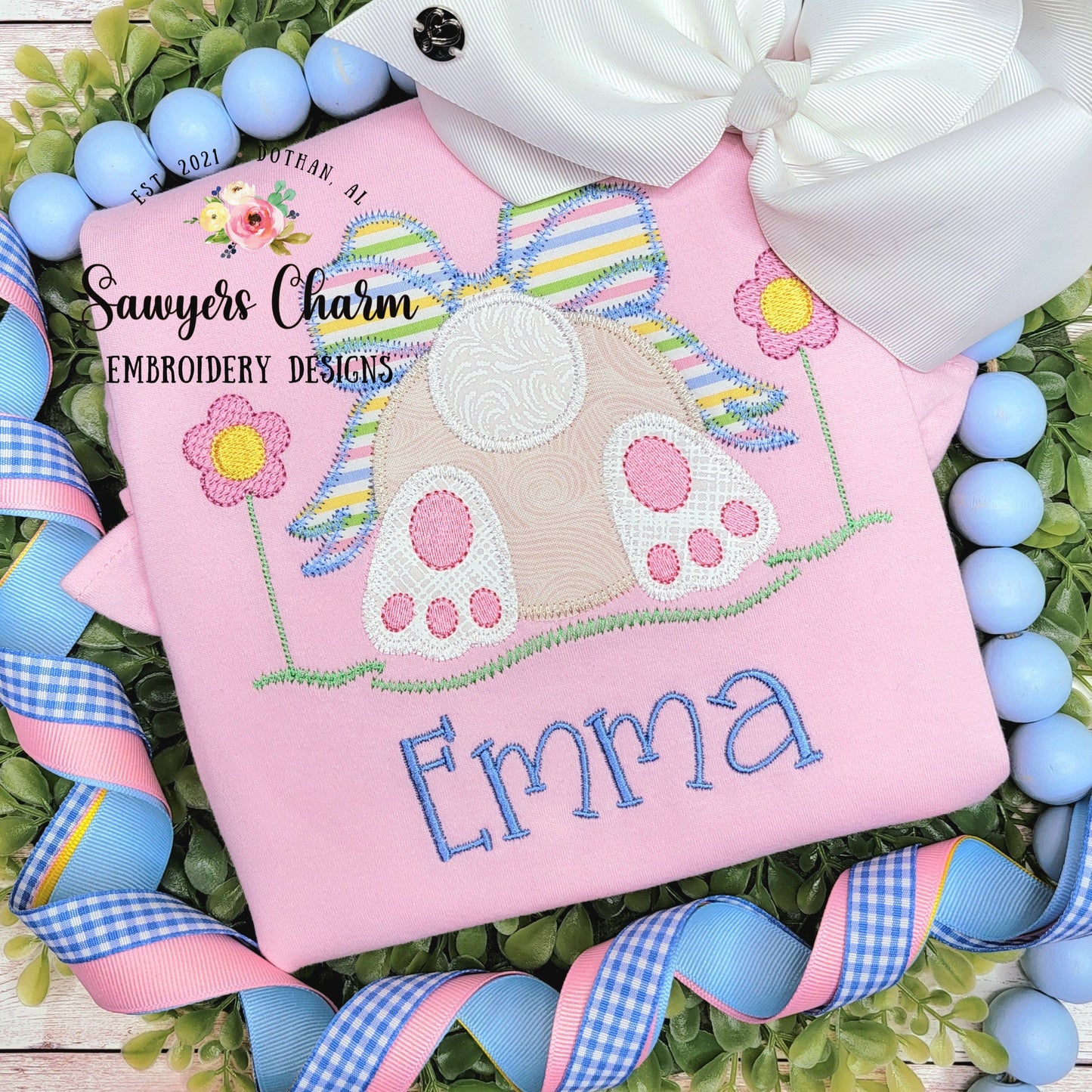 BUNDLE Easter bunny tail with bow grass flowers bean stitch & zigzag applique machine embroidery design file, quick stitch, egg hunt, rabbit