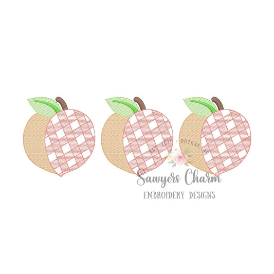 Gingham Peach trio sketch stitch machine embroidery design file, quick stitch, fruit, summer spring, garden, Georgia, plaid, check