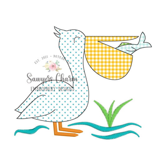 BUNDLE Pelican with fish zigzag & bean stitch applique machine embroidery design file, summer, quick stitch, beach ocean lake water waves