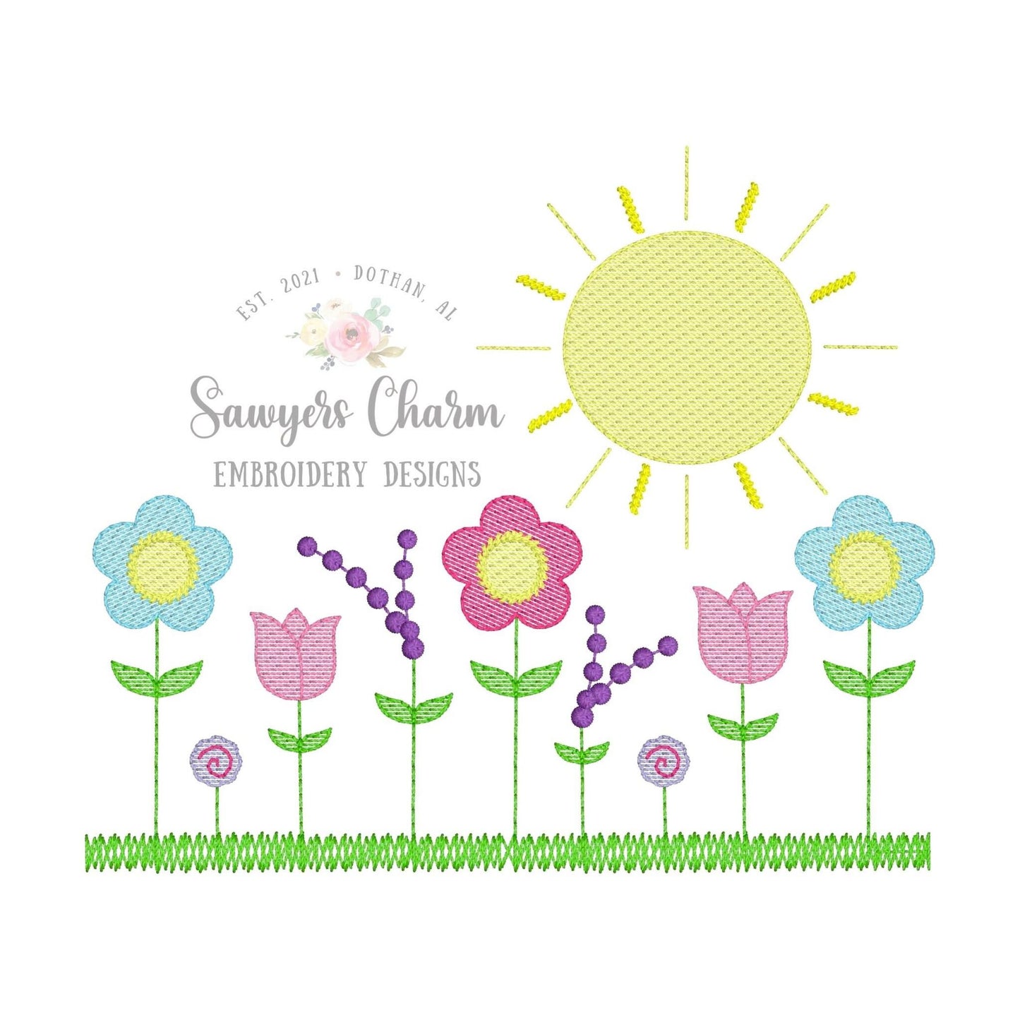 Row of wildflowers in grass with sunshine, sketch stitch machine embroidery design file, spring flowers tulip daisy lavender summer outdoors