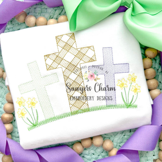 Gingham cross trio with daffodils sketch stitch machine embroidery design, Easter Sunday, He is risen