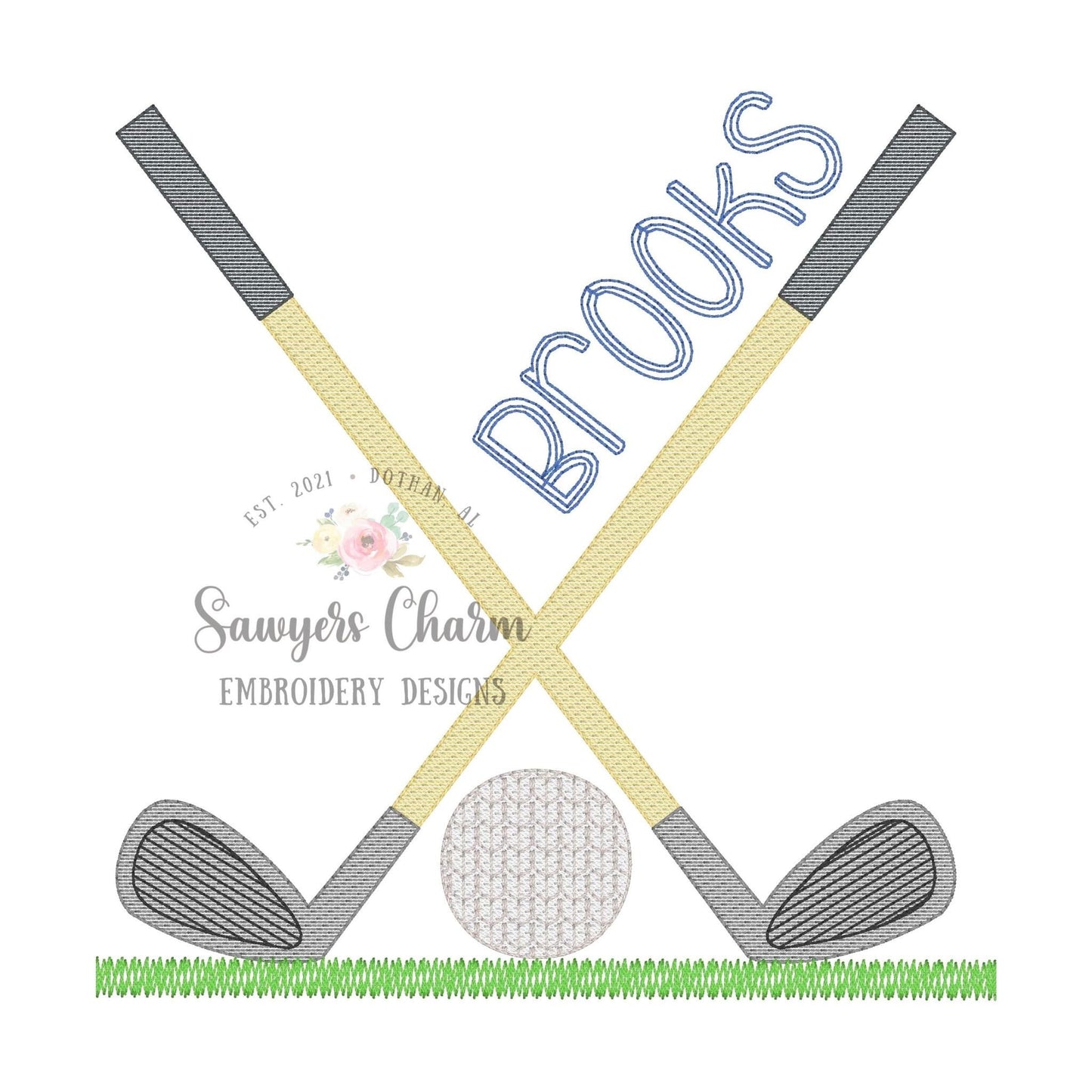 Golf clubs/golf ball in grass sketch stitch machine embroidery design file, bean stitch, quick stitch, sports masters golf clubs par green