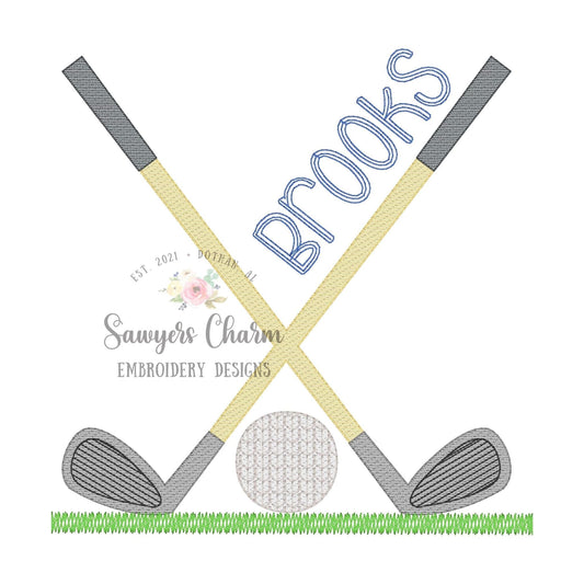 Golf clubs/golf ball in grass sketch stitch machine embroidery design file, bean stitch, quick stitch, sports masters golf clubs par green