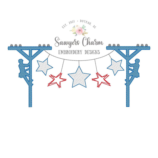 Patriotic stars lineman bunting banner, sketch stitch machine embroidery design file, quick stitch, summer, July 4th, Memorial Day
