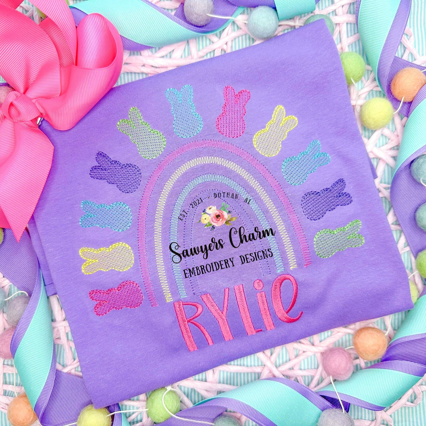 Easter peeps candy rainbow light sketch stitch machine embroidery design file, quick stitch, bean stitch, bunny rabbit, spring, zig zag