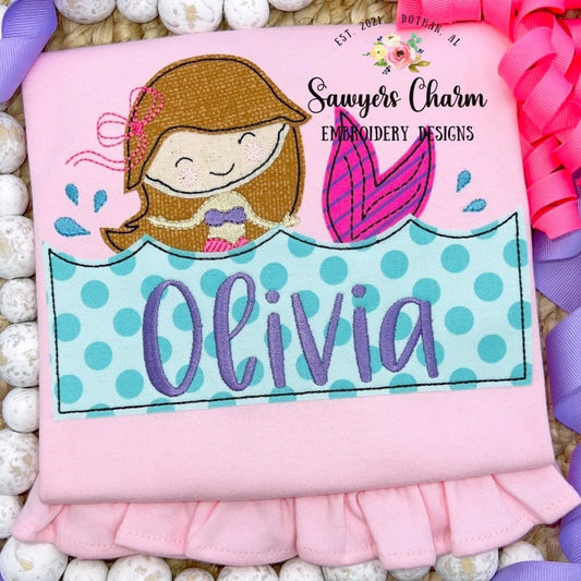 BUNDLE Mermaid jumping out of water with name plate zig zag & bean stitch machine embroidery design file, quick stitch, bow, ocean beach