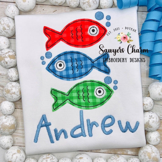 BUNDLE Fish trio with bubbles bean & zig zag stitch applique machine embroidery design file, quick stitch, spring summer, water lake pond