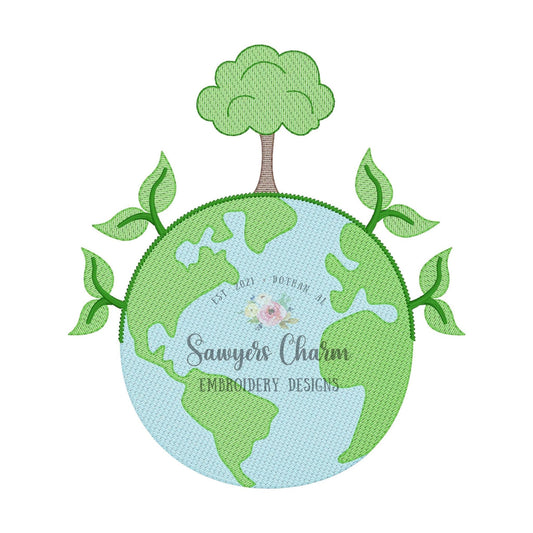 Earth with vine & tree sketch stitch machine embroidery design file, quick stitch, spring flower, Earth Day, summer, floral, recycle, planet