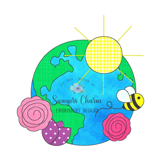 Earth with flowers, bee, & sun bean stitch applique machine embroidery design file, spring, Earth Day, summer, recycle, save the planet love