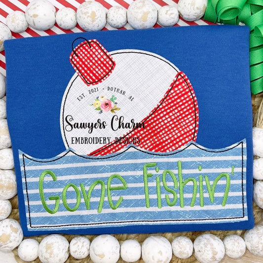 BUNDLE Bobber in water with name plate zig zag & bean stitch machine embroidery design file, outdoors, fishing pole, quick stitch, bait