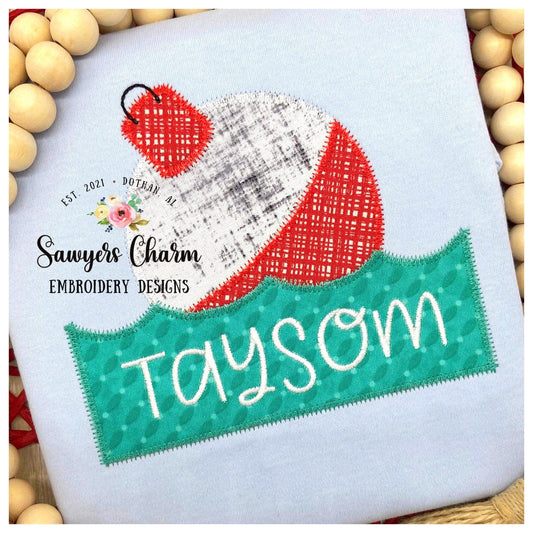 BUNDLE Bobber in water with name plate zig zag & bean stitch machine embroidery design file, outdoors, fishing pole, quick stitch, bait
