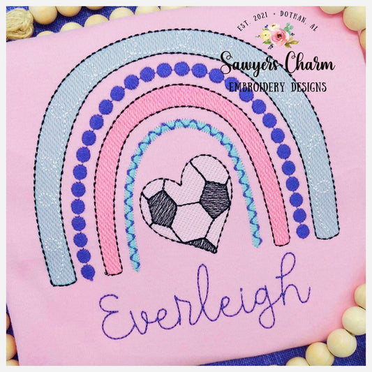 Soccer rainbow heart shaped ball sketch stitch machine embroidery design file, boho, spring, summer, goalie, bean stitch, little league
