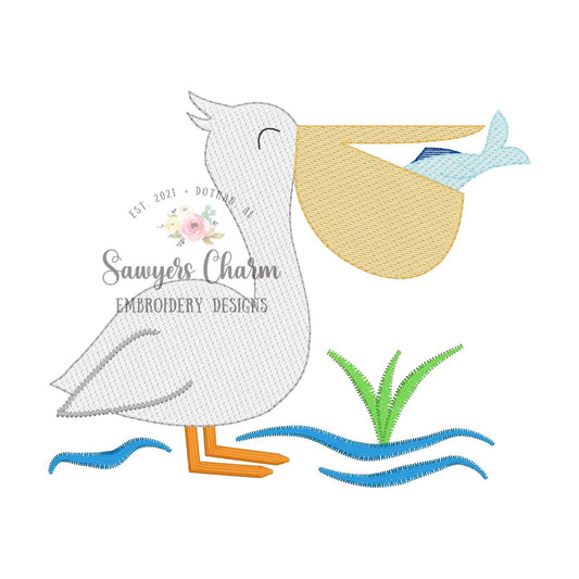 Pelican with fish light fill sketch stitch machine embroidery design file, summer, quick stitch, beach ocean lake water waves marsh grass
