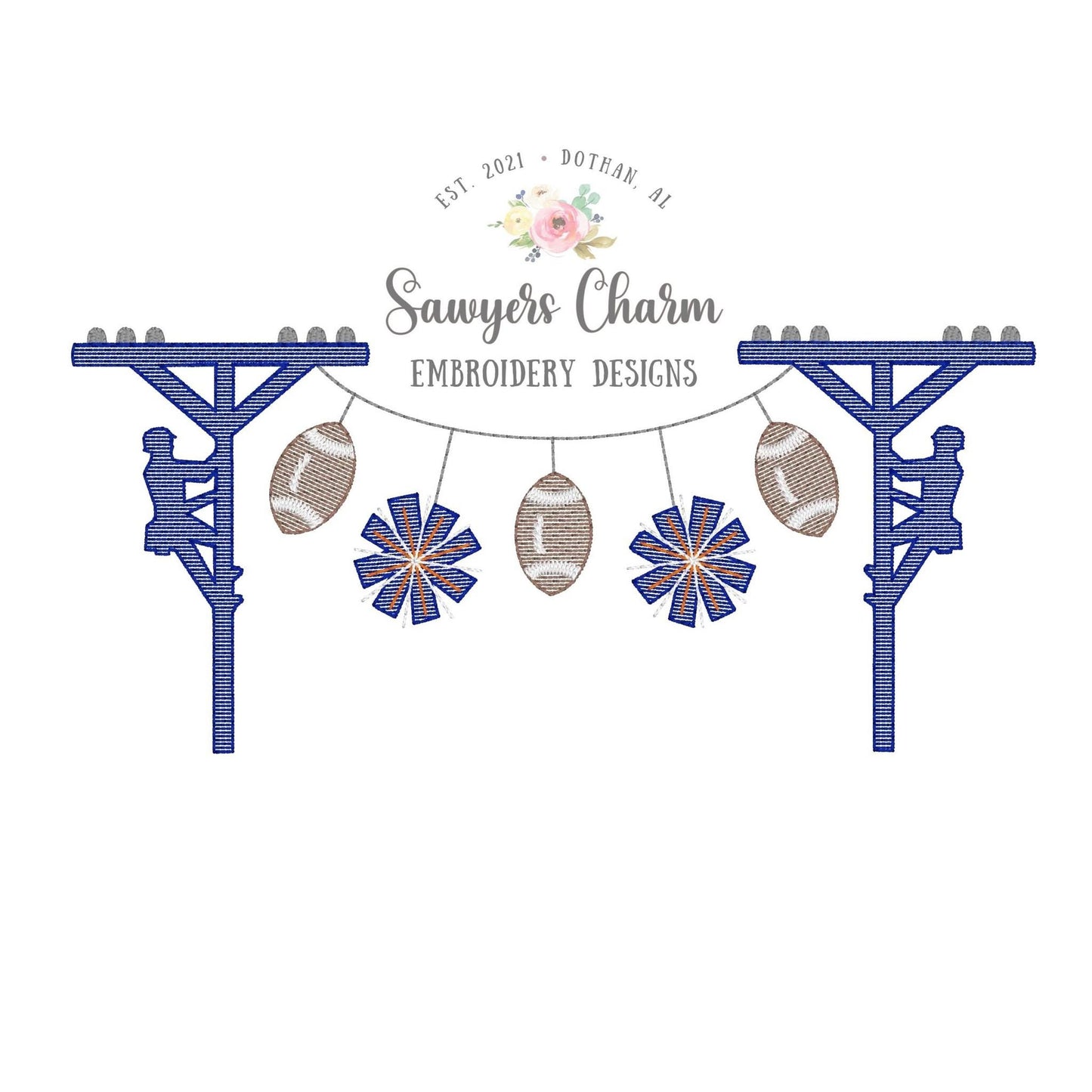 Football & pompoms lineman bunting banner, sketch stitch machine embroidery design file, quick stitch, bean stitch, sports college cheer