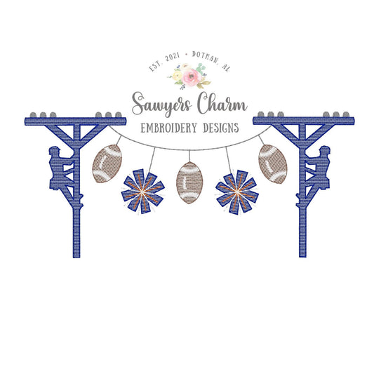 Football & pompoms lineman bunting banner, sketch stitch machine embroidery design file, quick stitch, bean stitch, sports college cheer