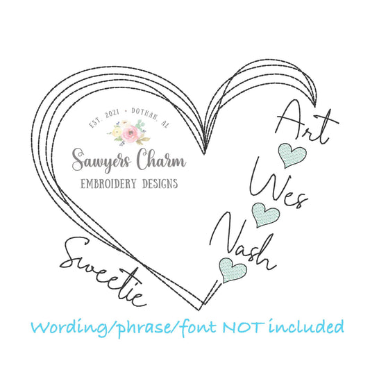 Scribble heart frame for names, bean stitch, machine embroidery design file, quick stitch, sketch stitch hearts, Mother's Day, love, grandma